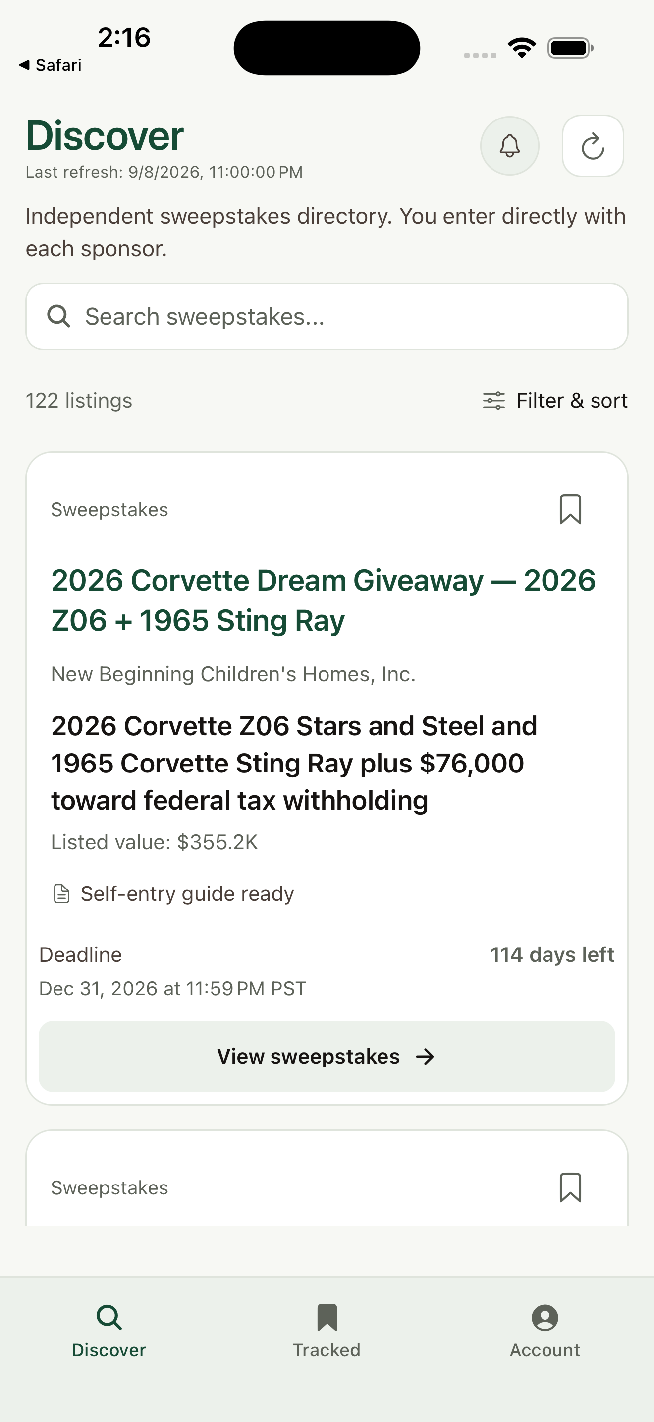 Actual Discover screen with search, Filter and sort, a contest card, and the Discover, Tracked and Account navigation.