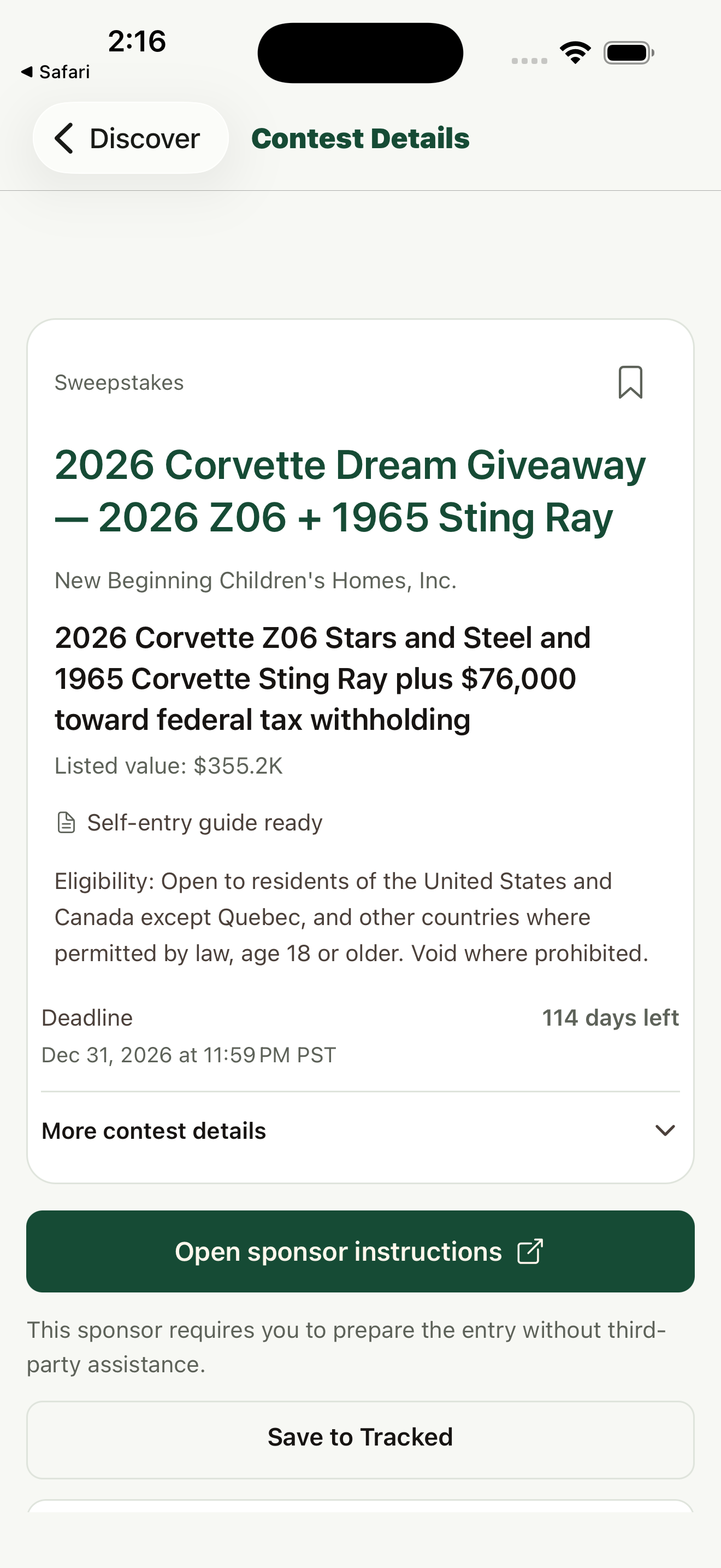 Actual app contest details with prize, eligibility, deadline, sponsor instructions and Save to Tracked.