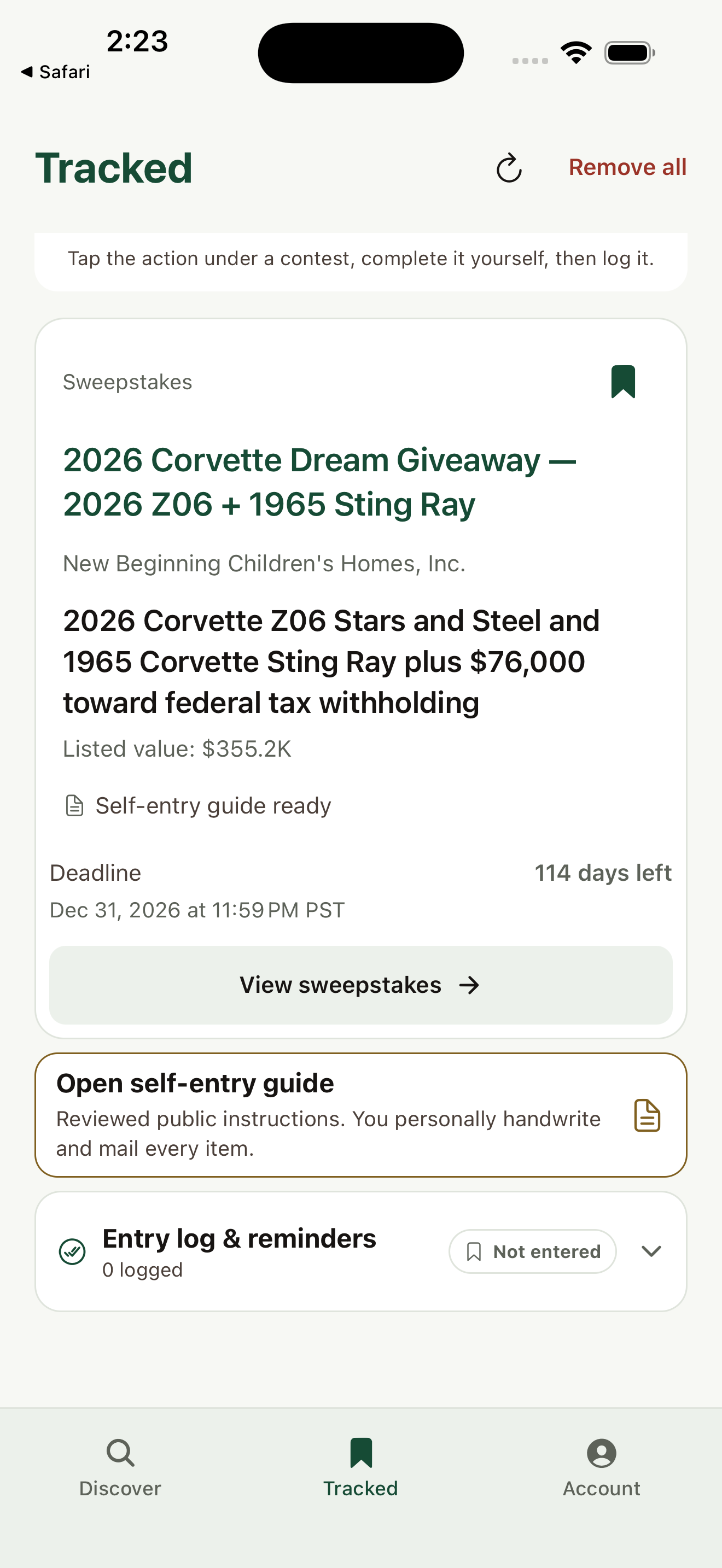 Actual Tracked screen with a saved contest, Open self-entry guide, and an entry log showing zero logged and Not entered.