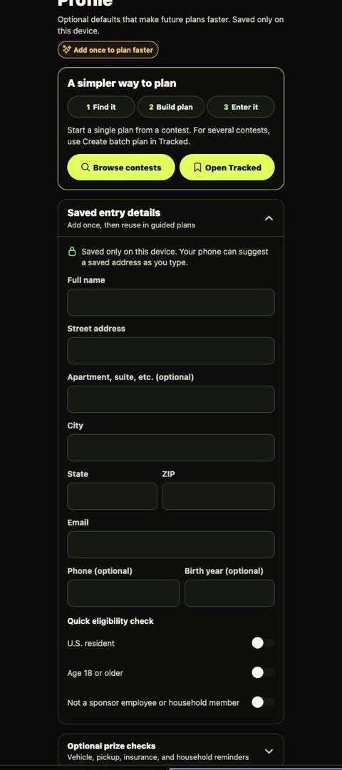 Current Sweepstakes Hunter app showing Find it, Build plan, Enter it, followed by optional saved entry details